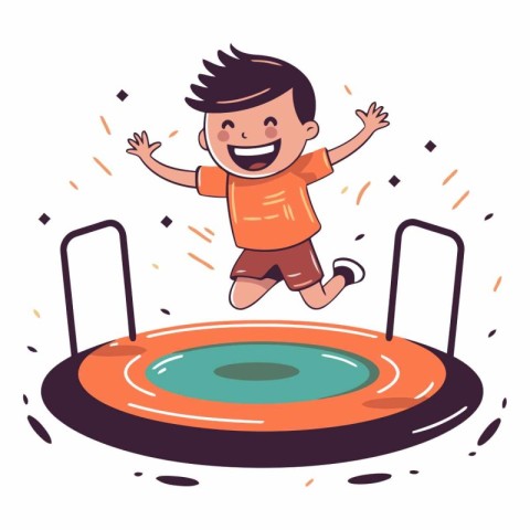 Happy boy jumping on trampoline in cartoon style.