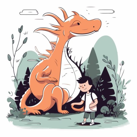 Vector illustration of a boy and a dragon on a background of nat