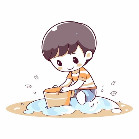 Cute boy washing his clothes in the basin.