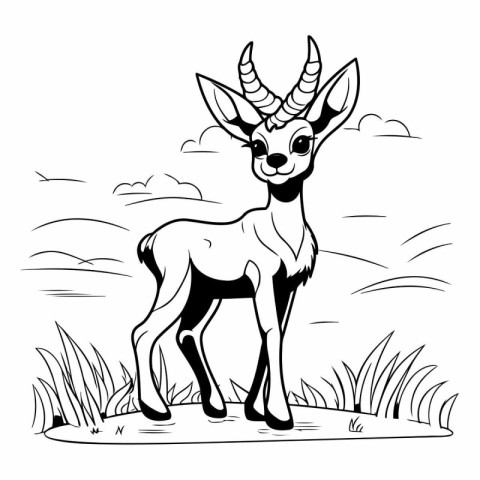 Black and white graphic illustration of antelope standing on the