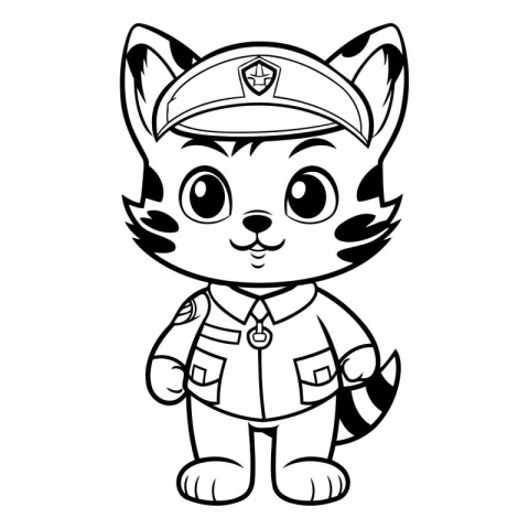 Black and White Cartoon Illustration of Cute Cat Captain Charact