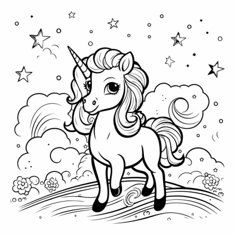 Unicorn in the clouds. Black and white illustration for coloring