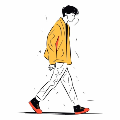 Vector illustration of a young man in a yellow coat walking alon