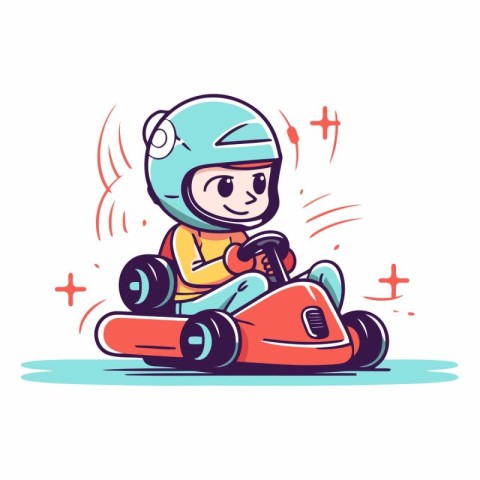 Cute little boy driving go-kart.