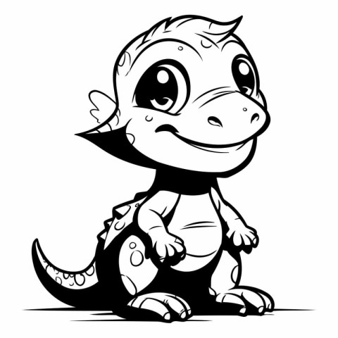 Cute Little Lizard - Black and White Cartoon Illustration. Vecto