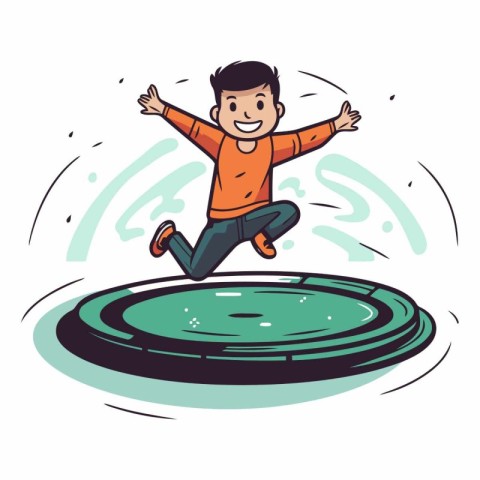 Happy boy jumping on a trampoline in cartoon style.