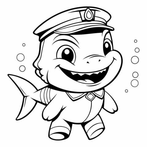 Black and White Cartoon Illustration of Cute Little Fish Captain