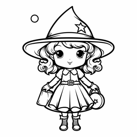 Black and White Cartoon Illustration of Cute Little Witch Charac