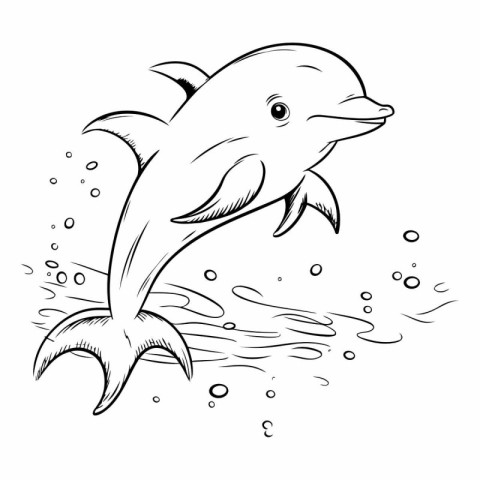 Dolphin jumping out of the water. black and white vector illustr