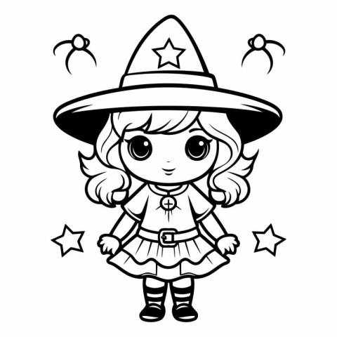 Black and White Cartoon Illustration of Cute Witch Girl Coloring