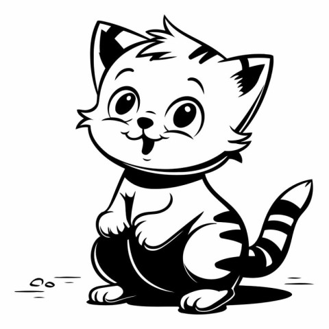 Black and White Cartoon Illustration of Cute Little Cat Animal C