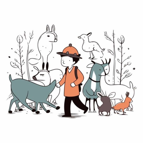 Vector illustration of a man walking with a group of animals in