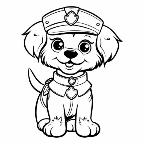 Black and White Cartoon Illustration of Cute Puppy Police Dog Co