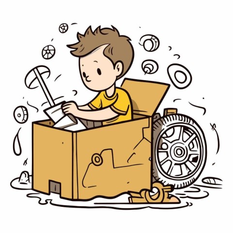 Illustration of a Kid Boy Carrying a Box Full of Parts