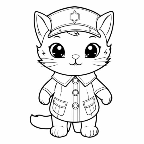 Black and White Cartoon Illustration of Cute Cat Captain Charact