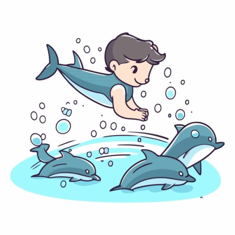 Cute little boy swimming with dolphin in cartoon style.