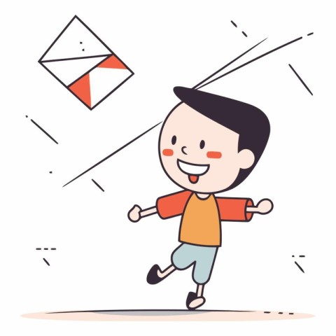 Cartoon happy boy playing with flying envelope of happy boy play