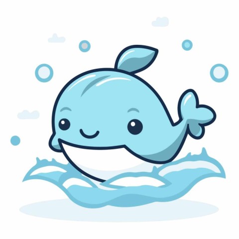 Cute cartoon blue whale swimming in the sea.