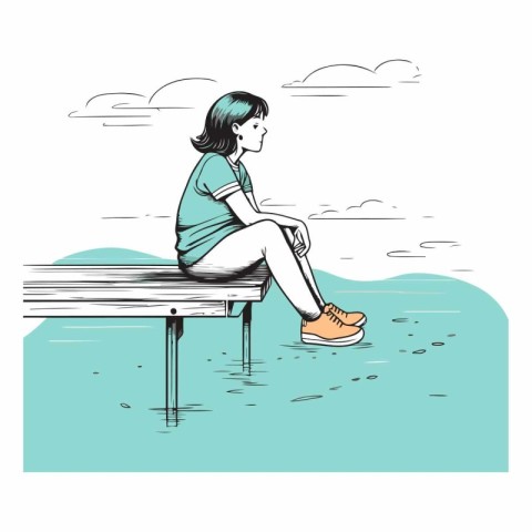 Young woman sitting on a pier by the sea.