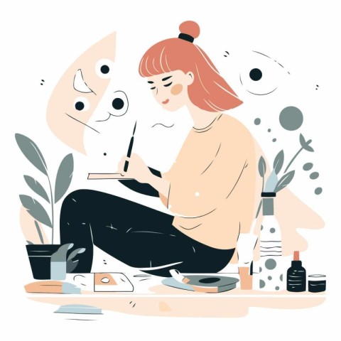 Vector illustration of a young woman doing make-up at home.