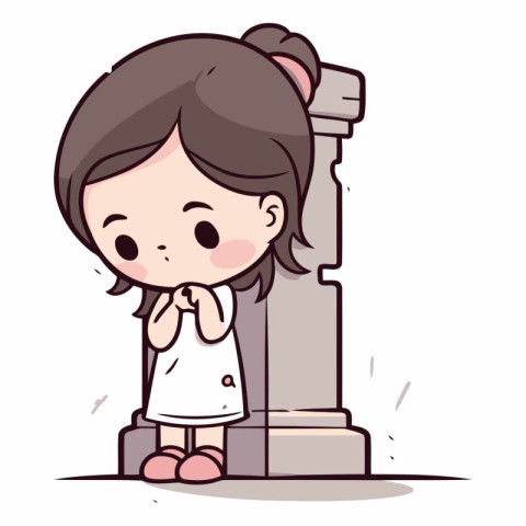 Girl thinking on stone column. Vector cartoon illustration. Isol