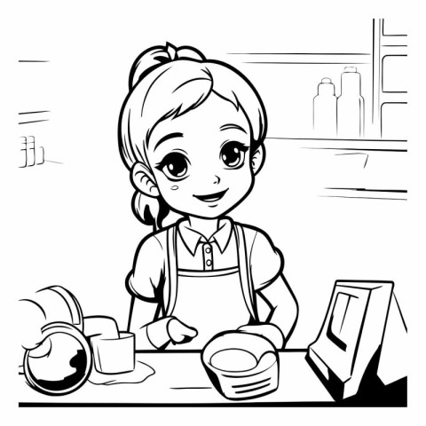 Black and White Cartoon Illustration of Cute Little Girl Chef Pr