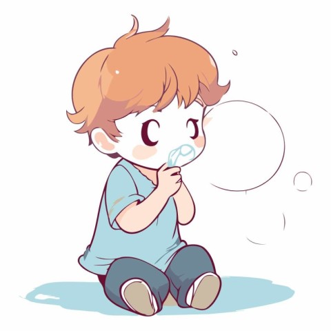 Illustration of a Little Boy with a Toothbrush in His Mouth