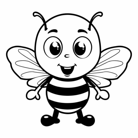 Black and White Cartoon Illustration of Cute Bee Mascot Characte