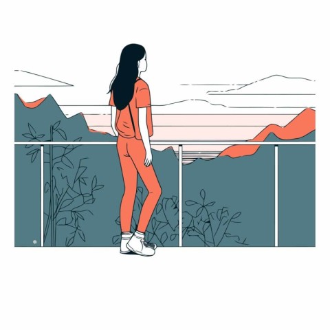 Young woman standing on balcony and looking at mountains.