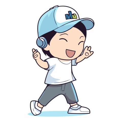 Cute little boy in a cap and headphones.