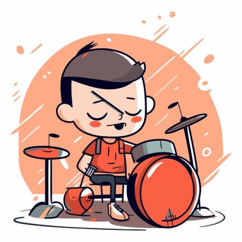 Cute Little Boy Playing Drums. Vector Cartoon Illustration.