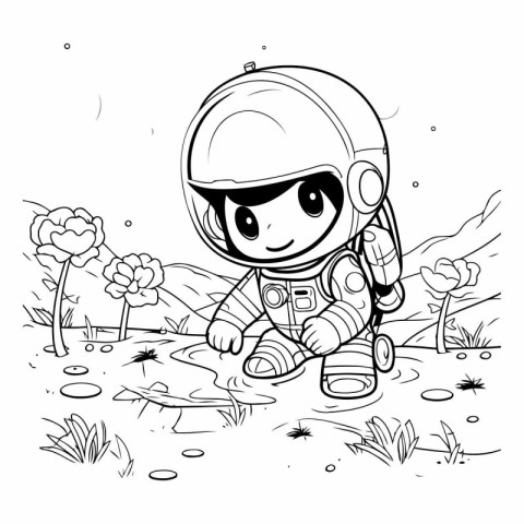 astronaut in the field. black and white vector illustration.