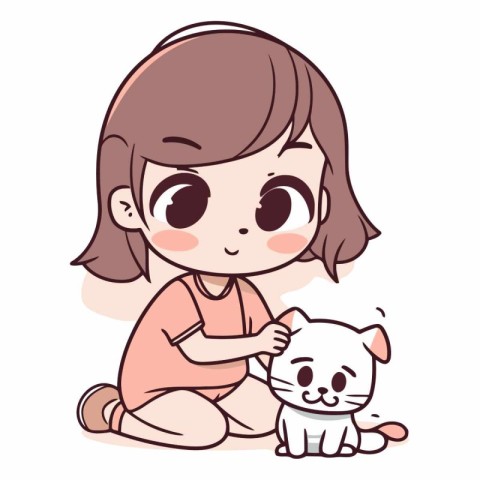 Cute little girl playing with her cat in a cartoon style.