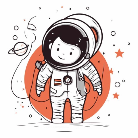 Cute little astronaut in space suit in flat style.