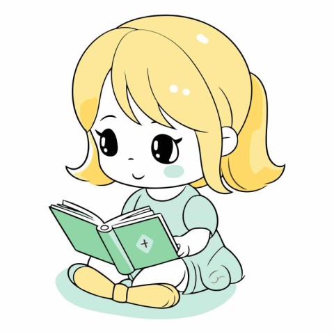 cute little girl reading a book on a white background