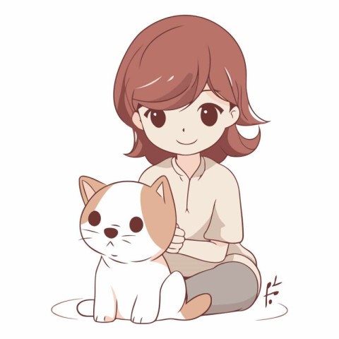 Girl and cat on a white background in cartoon style.