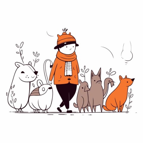 Cartoon vector illustration of a woman walking with her pets in