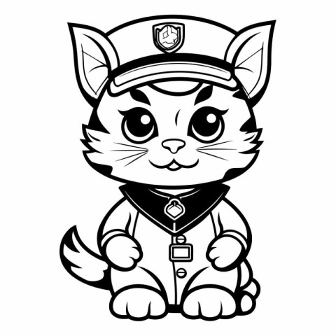 Cute Cat Policeman - Black and White Cartoon Illustration. Vecto