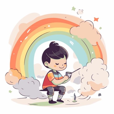 Boy playing with a magic wand and a rainbow.