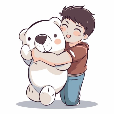 Cute little boy hugging a big polar bear.