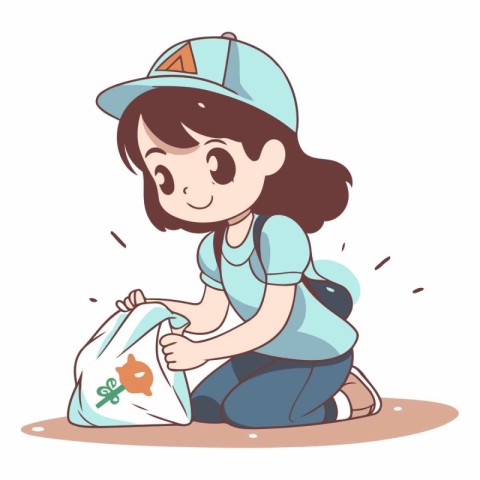 Illustration of a Little Girl Wearing a Cap Carrying a Bag of Mo