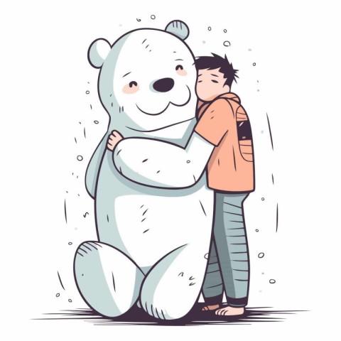 Vector illustration of a cute little boy hugging a white polar b