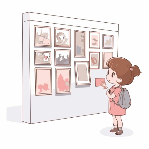 Illustration of a Little Girl Looking at Picture Frames in a Mus