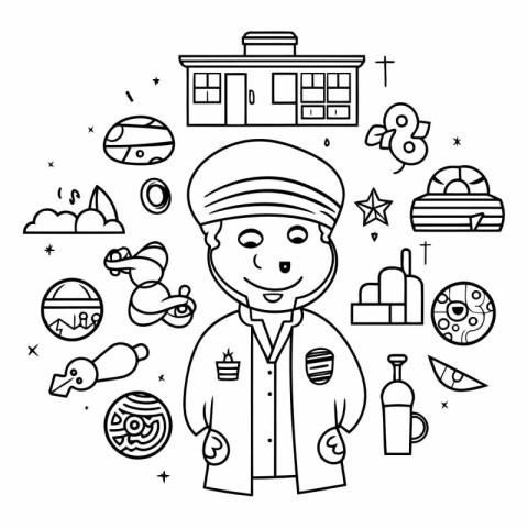 Line art vector illustration of a man in a cap and shirt.