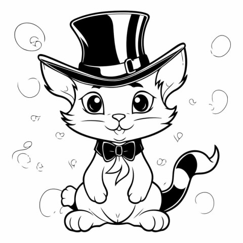 Black and White Cartoon Illustration of Cute Kitten in Top Hat f