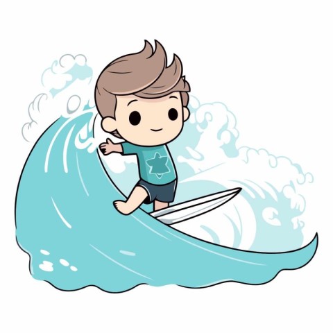 Illustration of a Boy Surfing the Wave on a White Background