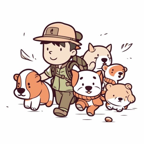 Cartoon illustration of a safari hunter with his dogs. Vector.