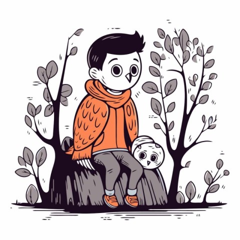 Vector illustration of a boy with a dog in the autumn park.