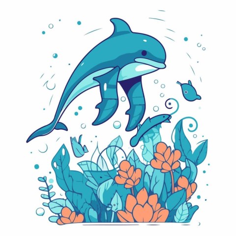 Vector illustration of a cute cartoon dolphin swimming in the se