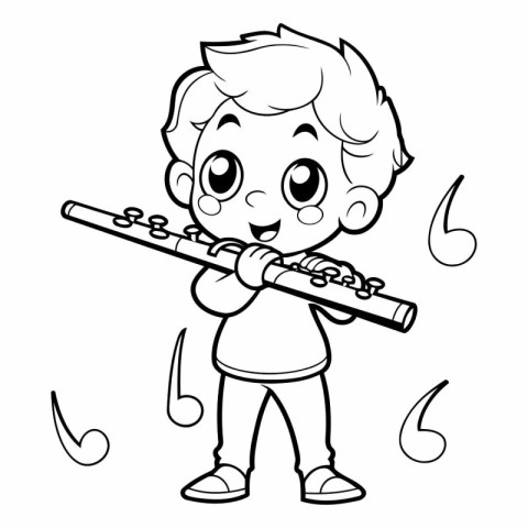 Illustration of a Cute Boy Playing the Flute - Coloring Book